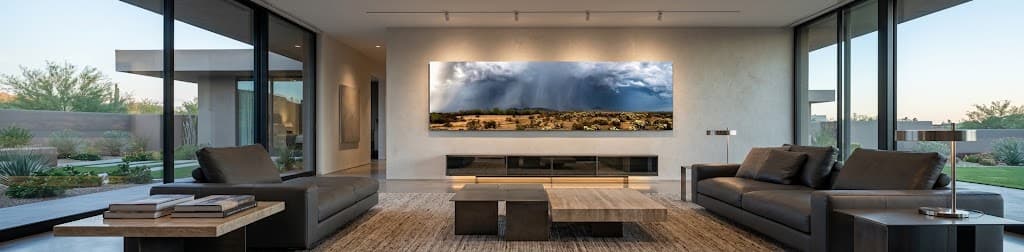 A Saguaro State Moving Co. metal print of a desert monsoon storm, hanging above the console in a modern Arizona living room